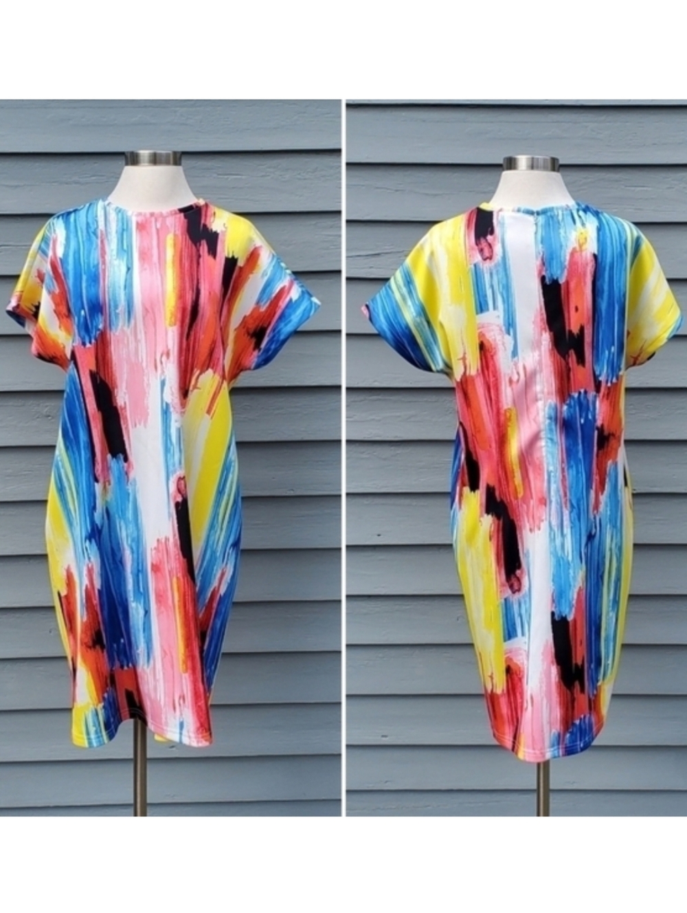 Eloquii Multicolor Rainbow Watercolor‎ Abstract Striped Print Plus Size Dress 16